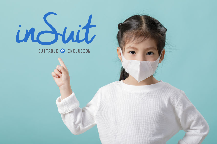 Asian girl wearing a mask, pointing to insuit logo