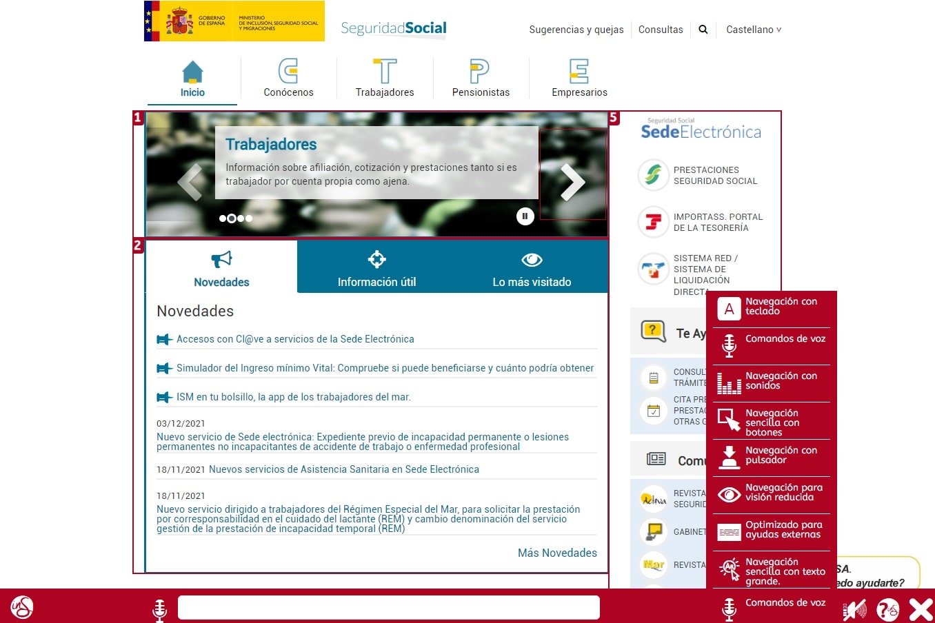 Captura de pantalla de la web de la seguridad social funcionando con la herramienta de accesibilidad inSuit