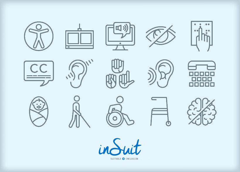 Iconos de accesibilidad de asistencia de tecnología para brindar a todas las personas la capacidad de usar la web, independientemente de su discapacidad visual, auditiva, física o cognitiva. Aparece el logo de inSuit en la parte inferior.