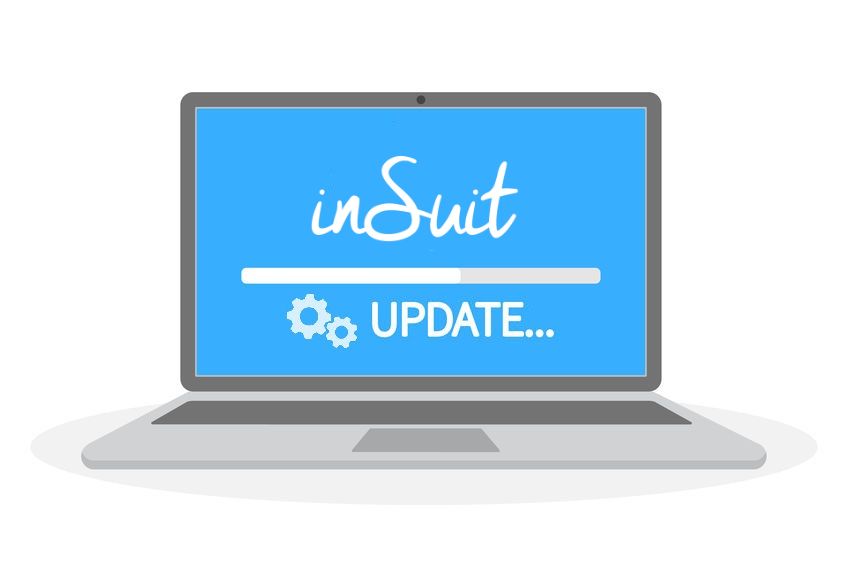 vectorial drawing of a laptop showing on screen an update loading bar and the insuit logo