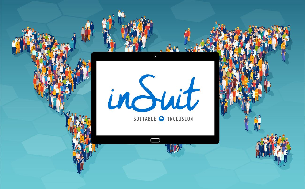 Una tablet con el logo de inSuit en la pantalla, se superpone a un mapamundi que muestra una representación gráfica de multitud de personas sobre los países de todo el planeta