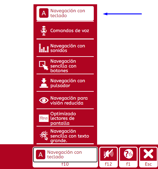 captura de pantalla de la web de inSuit con la interfaz de navegación activada, mostrando el desplegable desde donde puedes elegir la interfaz de navegación accesible