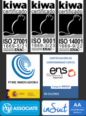 Logotipos das certificações: PME Inovadora, Certificação de Segurança ENS, Associado da ITU, Certificação de Acessibilidade inSuit e Certificados ISO 27001, 9001 e 14001.