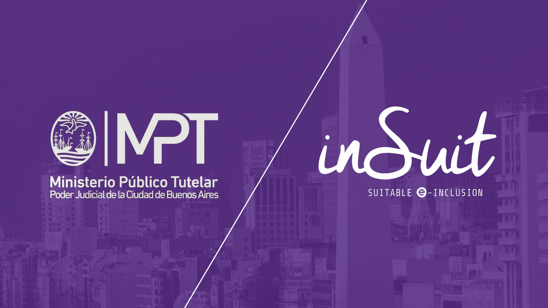 En la imagen se representa la alianza comercial entre el Ministerio Público Tutelar de la Ciudad de Buenos Aires y de inSuit sobre un fondo color morado con una foto de la capital argentina en opacidad.