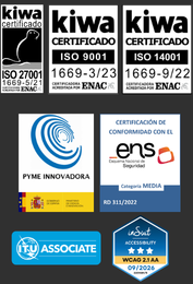 logos de pyme innovadora, certificación de seguridad ens, asociado de la ITU, certificación inSuit de accesibilidad y certificado iso 27001, 9001 y 14001
